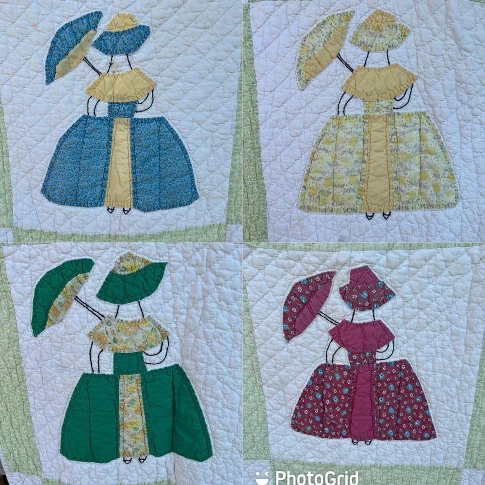 VTG Southern Belle Block Quilt Hand Stitched Quilted Parasol Bonnet Calico 58x76